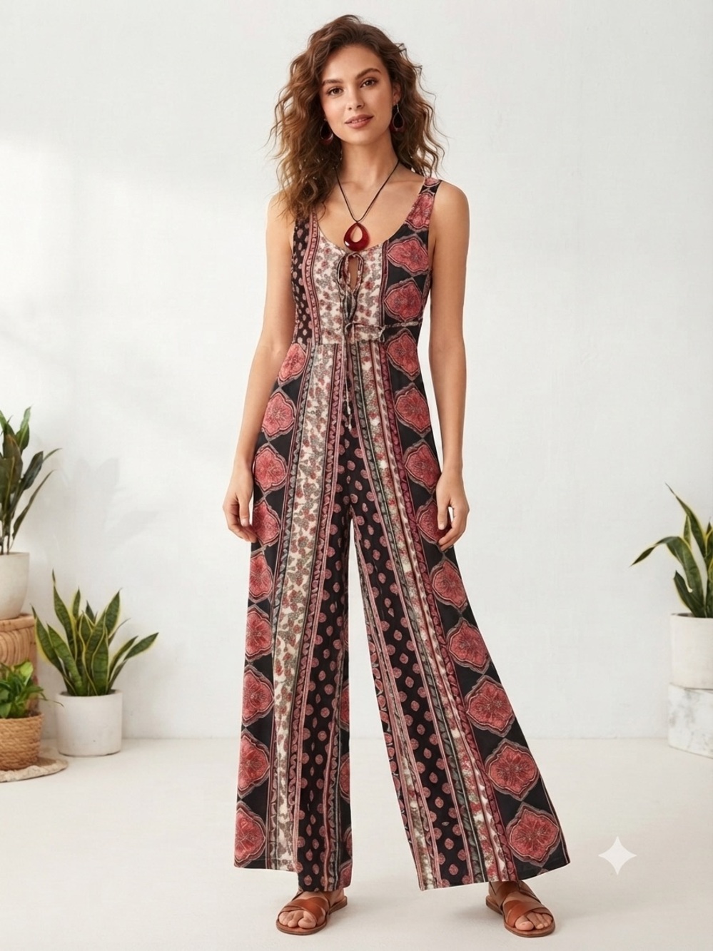Polly & Esther Black and Rust Patterned Wide-Leg Jumpsuit